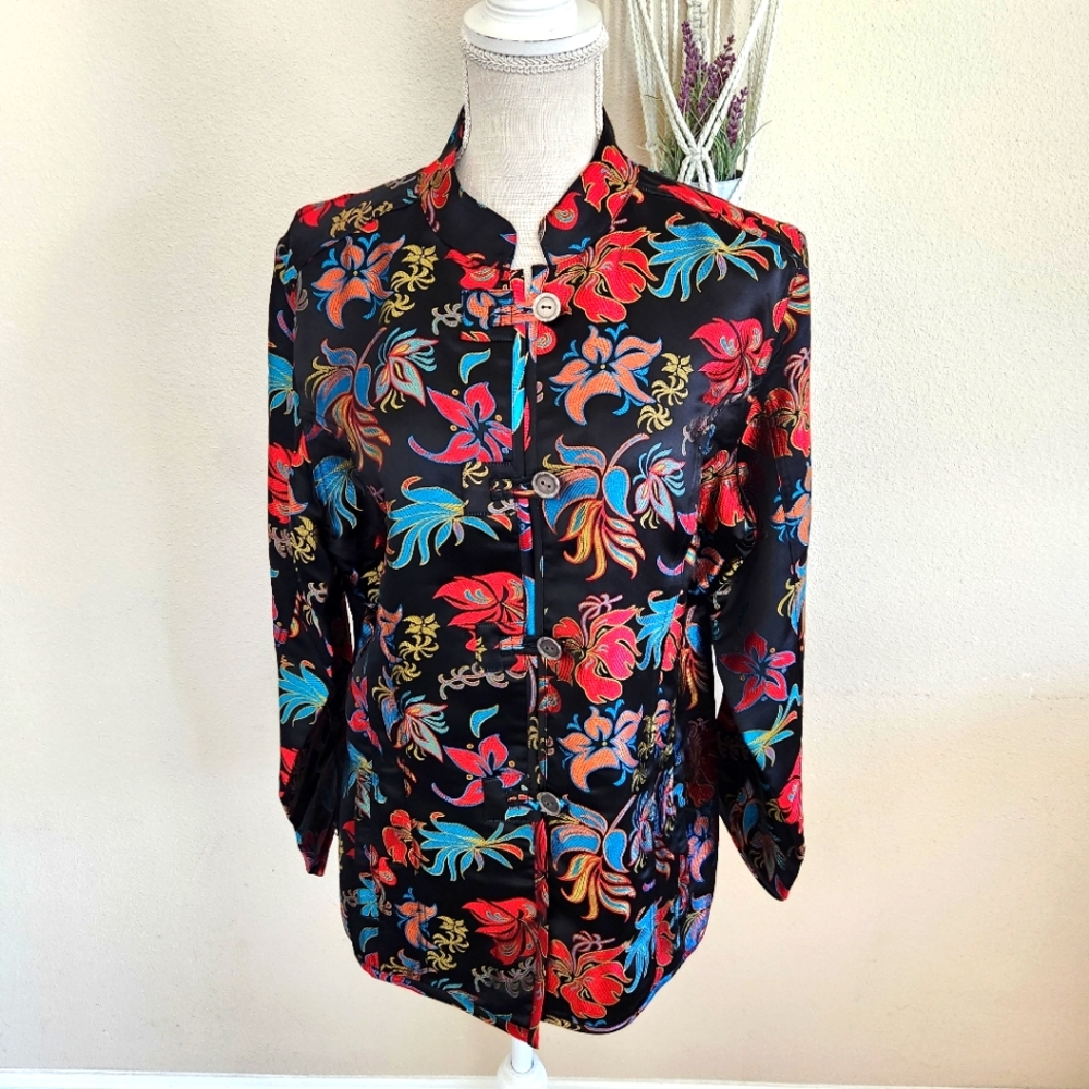 Chicos Silk Blend Floral Embroidered Mandarin Collar Blazer Size Large Retro